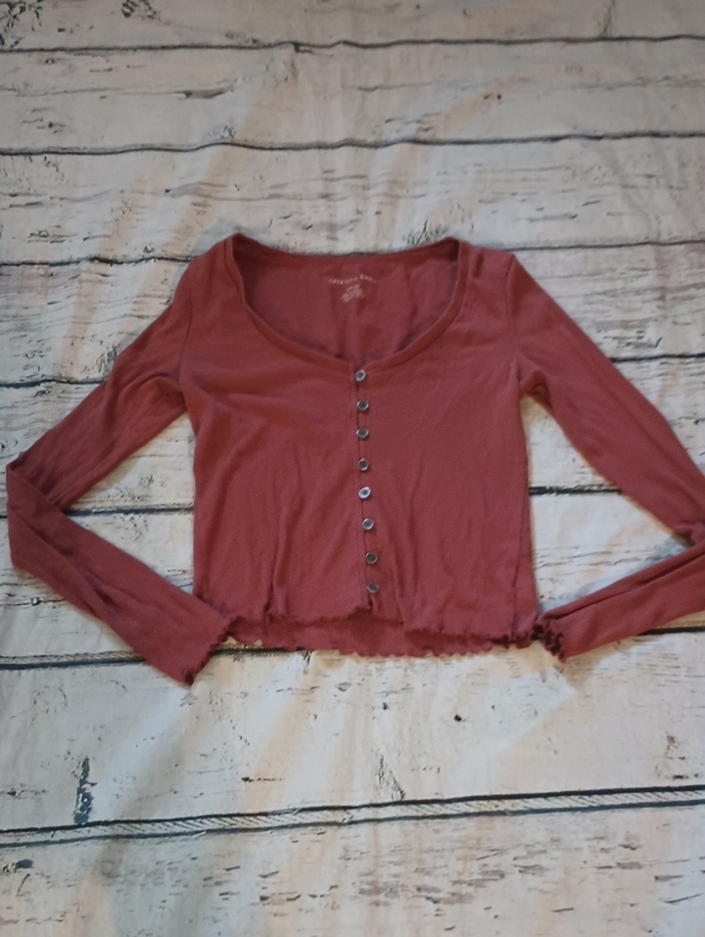 American Eagle Terracotta Rust Rib Crop Long Sleeve Button Down Top S